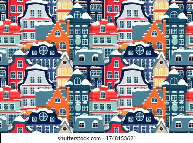 Winter houses with snow on roof seamless pattern. Layered building street background, flat cartoon christmas time sign. Repeat ornament for paper wrap fabric print, wallpaper decor Vector illustration