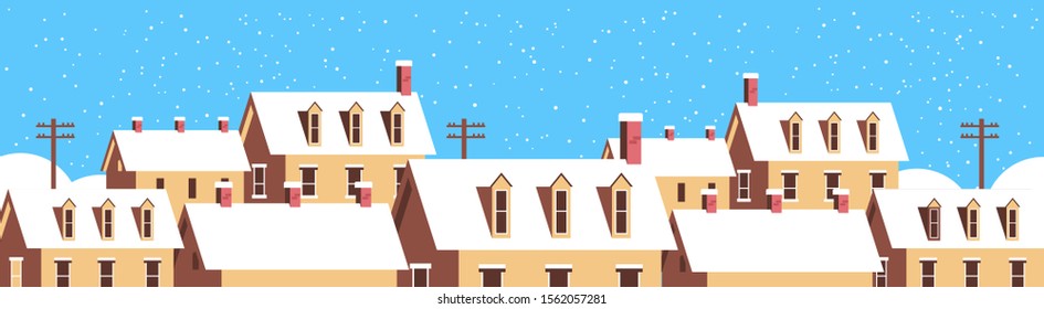 winter houses with snow on roofs snowy village street merry christmas happy new year greeting card flat horizontal closeup vector illustration
