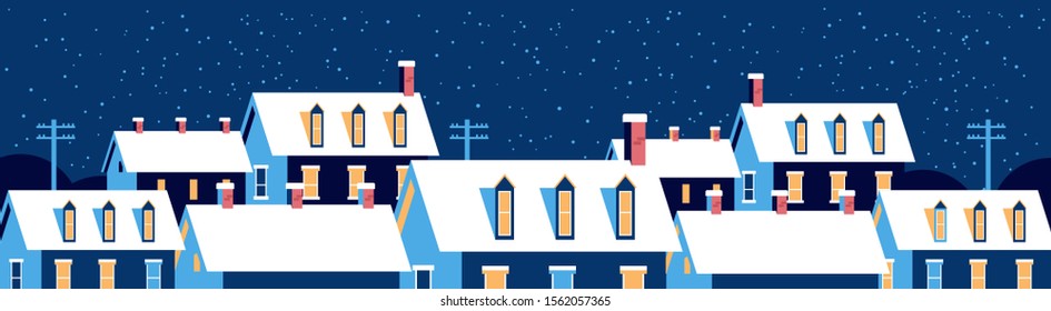 winter houses with snow on roofs night snowy village street merry christmas happy new year greeting card flat horizontal banner vector illustration