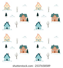 Winter houses in the snow pattern. On a white background.