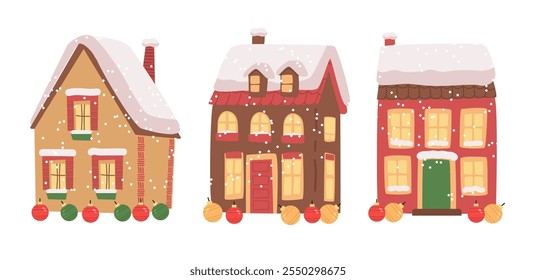 Winter houses with snow-covered roofs festive scene. Three colorful houses decorated with snowflakes and ornaments on a white background