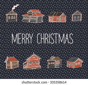 winter houses snowflakes merry christmas card