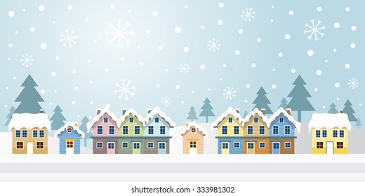 Winter Houses with Snowing Background, Panorama, Mountain and Forest Scene