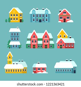 Winter houses. Urban xmas holidays snowy city snowflakes on the house roof vector cartoon set. 