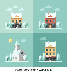 Winter houses - vector illustration in flat design style.