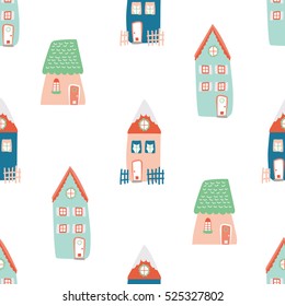 Winter houses vector seamless pattern kids background white