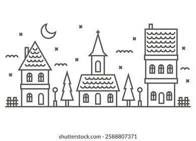 Winter houses in village. Silhouette of town in night. Neighborhood skyline on white background. Christmas cityscape with church, cute homes and trees. Vector simple rural scene