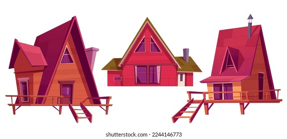 Winter houses, wooden chalet for mountain village or alpine ski resort. Small cottages with chimney, porch and stairs isolated on white background, vector cartoon illustration