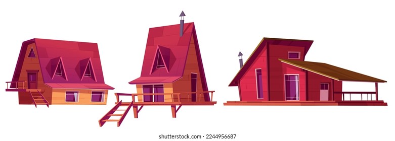 Winter houses, wooden chalet for mountain village or alpine ski resort. Small cottages with chimney, porch and stairs isolated on white background, vector cartoon illustration