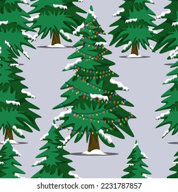 Winter hristmas Trees and Pines in Snow. Colorful vector Illustration.