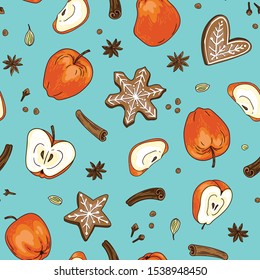 Winter hugge seamless pattern with apples, spices and gingerbread. Vector hand-drawn Christmas print design for fabric or wrapping paper.