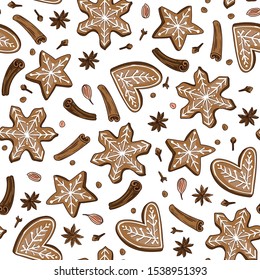 Winter hugge seamless pattern with  spices and Christmas cookies isolated on the white background. Vector hand-drawn xmas print design for fabric or wrapping paper. vector illustration.