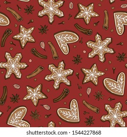 Winter hugge seamless pattern with  spices and Christmas cookies. Vector hand-drawn xmas print design for fabric or wrapping paper. vector illustration.