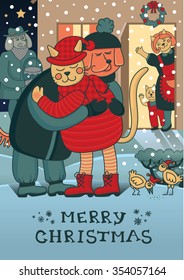 Winter hugs. Lovely Christmas card with friends embracing each other on the doorstep. Family gathering together to celebrate New Year and have a festive dinner. Awesome winter illustration in vector