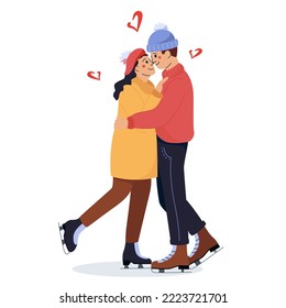 Winter Hugs. A Lovely Ice Skater Couple Is Embracing And Smiling. Lovers Couple Is Skating Together On Ice Rink. Winter Sport And Winter Activities. Amazing Winter Holiday Card.