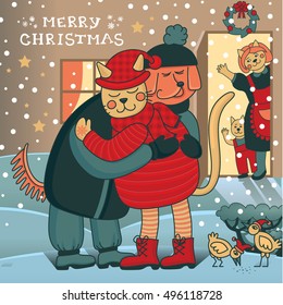 Winter hugs. Merry Christmas card with two friends embracing each other on the doorstep. Family gathering together to celebrate New Year and have festive dinner. Awesome winter illustration in vector