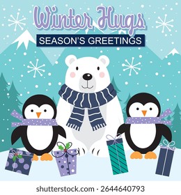 Winter Hugs Season's Greetings with Polar Bear and Penguins