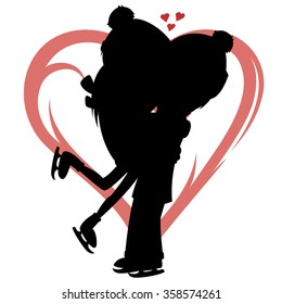 Winter hugs - Silhouette of a lovely ice skater couple (heart background).