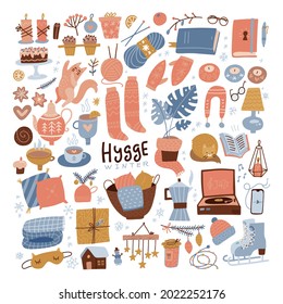 Winter hygge clipart set. Cozy winter flat hand drawn illustration for srickers, logo, cards, posters, wrapping, scrapbooking, patterns. Cute warm home elements collection. Vector illustration.