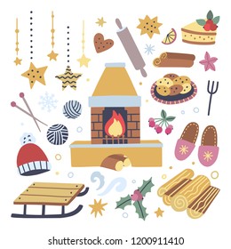 Winter Hygge cozy lifestyle illustrations. Set of Christmas and New Year objects for greeting cards. Fireplace and firewood on white background