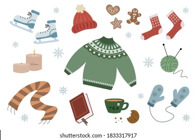 Winter hygge cozy set. Collection of cute things for Christmas decoration. Warm sweater, socks, scarf, hat, mittens, skates, candles, book, cup of tea, cookies, gingerbread man, knitting. Vivid color.