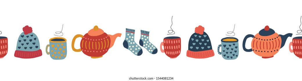 Winter Hygge Elements Seamless Vector Border. Cute Vector Background Teapot, Tea Mug, Wool Socks, Hat, Mittens, Tea Mug, Socks. Warm And Cozy Winter Knit Wear Pattern Tile. Scandinavian Style Design