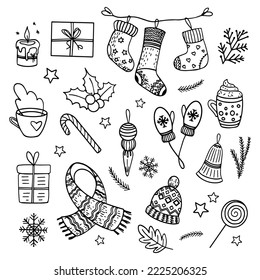 Winter hygge items outline illustrations set. Christmas warm cosy home celebration cartoon coloring book drawings. Gifts and candles, candy canes colorful collection. Isolated