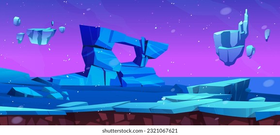 Antecedentes del juego de paisaje del planeta alienígena del hielo invernal. Fantasía nocturna congelado mundo vector ambiente cósmico para rpg. fondo de pantalla extraterrestre con ilustraciones de la escena de la isla flotante y del cielo estrellado