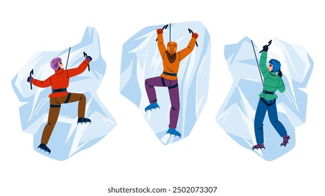 winter ice climbing vector. sport man, landscape top, travel nature winter ice climbing character. people flat cartoon illustration