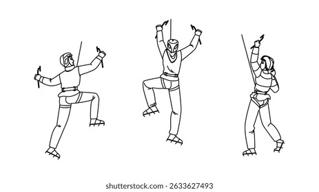 vetor de escalada de gelo de inverno. homem do esporte, topo da paisagem, natureza de viagem personagem de escalada de gelo de inverno. pessoas linha preta lápis desenho ilustração