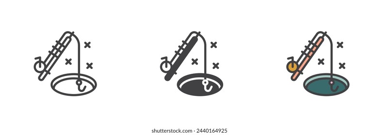 Winter ice fishing different style icon set. Line, glyph and filled outline colorful version, outline and filled vector sign. Symbol, logo illustration. Vector graphics