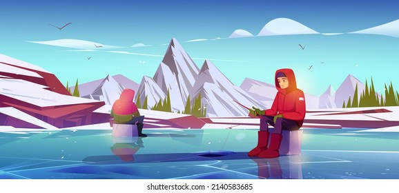 Winter ice fishing with men holding rods, wear warm clothes, sitting on boxes catching fish on frozen pond surface with holes. Male characters wintertime hobby, recreation, Cartoon vector illustration