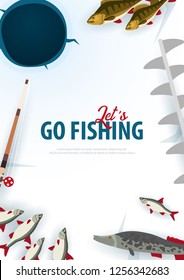 Winter Ice Fishing on the lake. Banner with fish, rod and ice screw. Vector Flat illustration