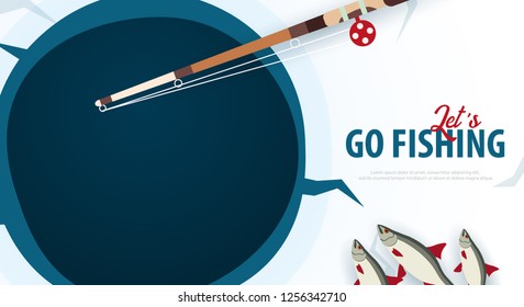 Winter Ice Fishing on the lake. Banner with fish, rod and ice screw. Vector Flat illustration