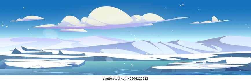 Winter ice north landscape vector background cartoon. Frozen land with snowy mountain northern outdoor banner. Cold antarctica nature design scene with glacier and freeze ocean water environment