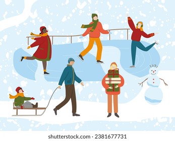 Winter ice rink illustration with happy people. Vector men and women skating, girl standing with Christmas gift boxes, father pulling sled with smiling kid. Wintertime outdoor activities background