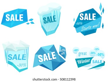 Winter ice sale set. Snow cold sale banner template. Christmas frozen ice peace sale tag discount symbol