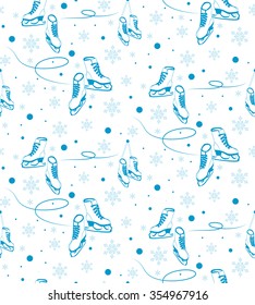 Winter ice skates with snowflakes. Vector hand drawn seamless pattern