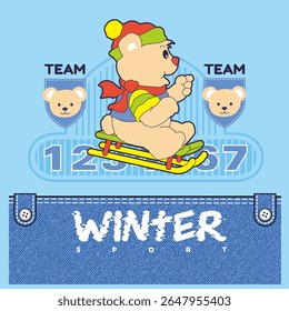 winter ice skating bear, Animal Cartoon, Flat Vector Illustration isolated