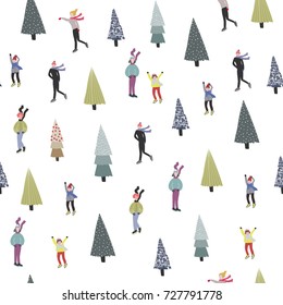 Winter ice skating and christmas trees. Vector seamless pattern