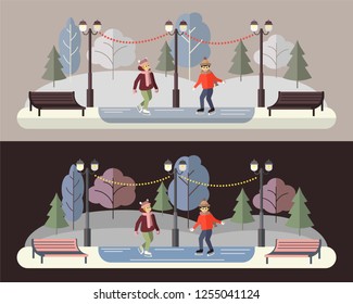 winter, ice skating, flat vector