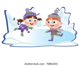 Winter: Ice skating little girl and boy