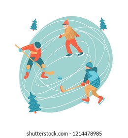Winter, an ice skating rink. The guys play hockey, a man skating. Vector illustration.