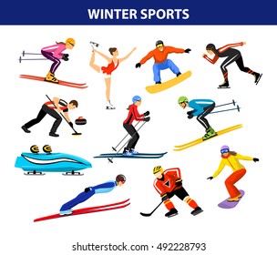 Winter Ice Snow Sports Set including cross country, freestyle skiing, snowboarding, speed skating, sliding, bobsled, ski jumping, curling and figure skating. Male and female sportsman