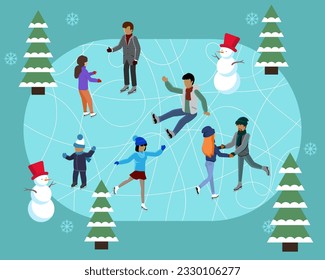 Winter ice staking rink sports young happy people family activity. Mom dad son boy girl skaters fir tree. Friends at ice-skating outdoor rink merry christmas new year winter holidays concept