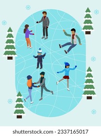 Winter ice staking rink sports young happy people family activity. Mom dad son boy girl skaters fir tree. Friends at ice-skating outdoor rink merry christmas new year winter holidays concept