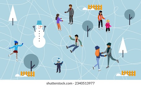 Winter ice staking rink sports young happy people family activity. Mom dad son boy girl skaters fir tree. Friends at ice-skating outdoor rink merry christmas new year winter holidays concept