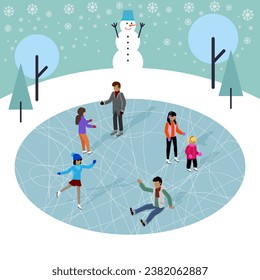 Winter ice staking rink sports young happy people family activity. Mom dad son boy girl skaters fir tree. Friends at ice-skating outdoor rink merry christmas new year winter holidays concept