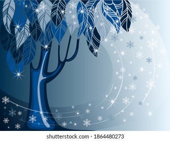Árbol de hielo de invierno con copos de nieve en fondo azul
