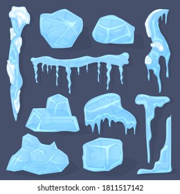 Winter icicles. Snow ice cap, frosted crystal cube white icicles sign, ice caps, piece and crystal block isolated vector illustration symbols set. Cold frozen water elements for decor